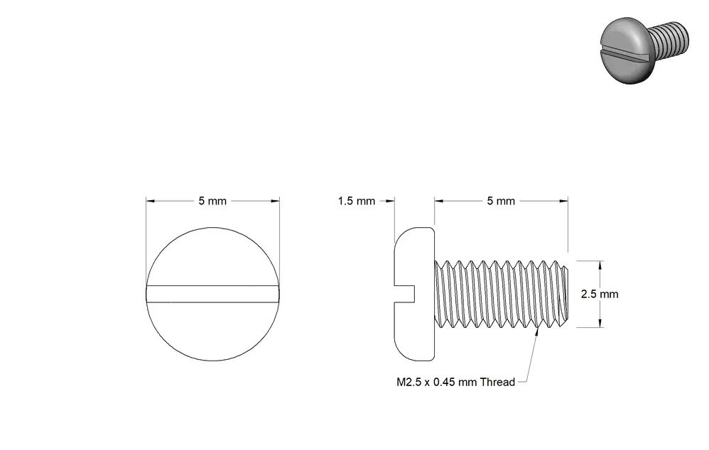 پیچ‌های برنجی سر کاسه‌ای شیاردار/رزوه M2.5 × 0.45 میلی‌متر، طول 5 میلی‌متر