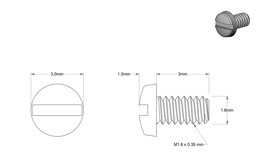 پیچ‌های شیاردار فولاد ضدزنگ 316/سر چیز، سایز رزوه M1.6 x 0.35 میلی‌متر، طول 3 میلی‌متر
