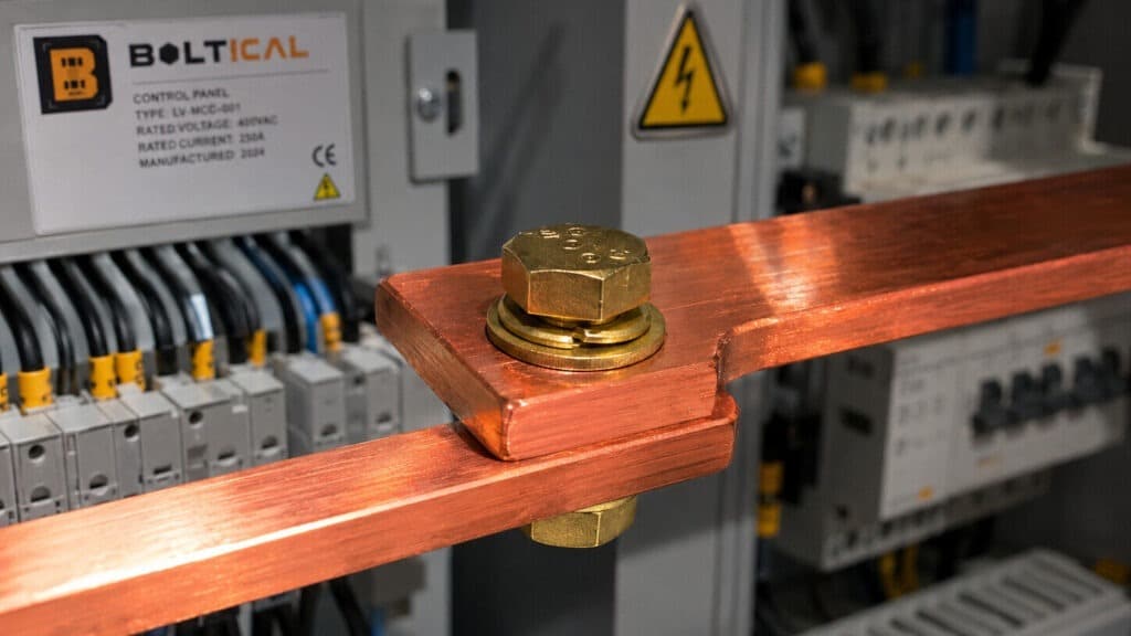 A professional macro photograph capturing the interior of an industrial low-voltage electrical panel. In sharp focus, two bright orange-red copper busbars (شمش مس) are meticulously bolted together using a golden brass hexagonal head bolt, complete with a matching brass flat and spring washer. The background is softly blurred, showing technical electrical wiring, neatly arranged terminal blocks, and a clean corporate graphite-grey control board with subtle safety indicators. A warm, precise studio light gleams off the metallic brass and copper surfaces, creating a high-contrast engineering aesthetic. No sparks, highly realistic, 8k resolution, authentic B2B industrial environment
