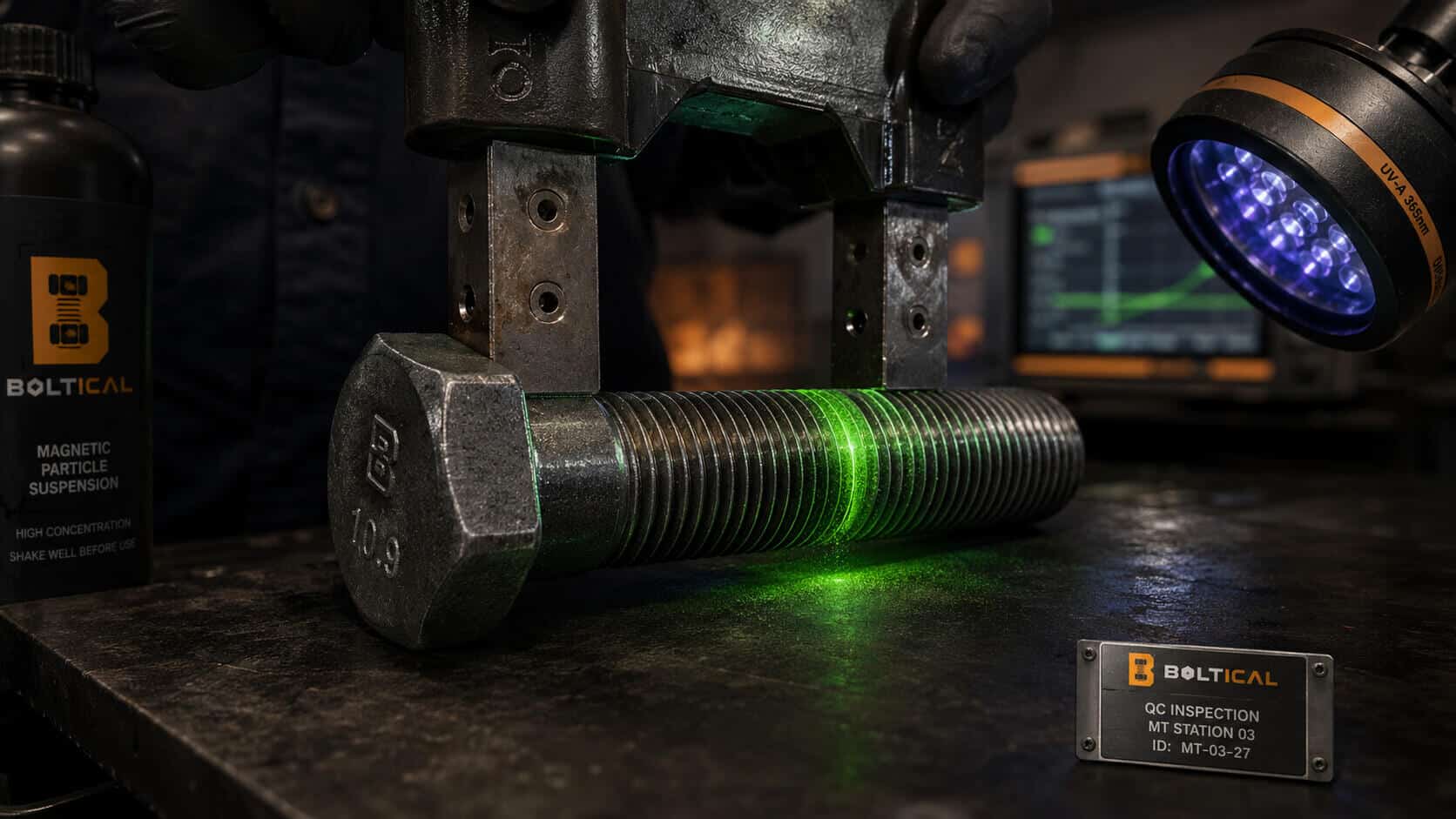 بازرسی ذرات مغناطیسی پیچ با نور فلورسنت در آزمایشگاه تست غیرمخرب NDT