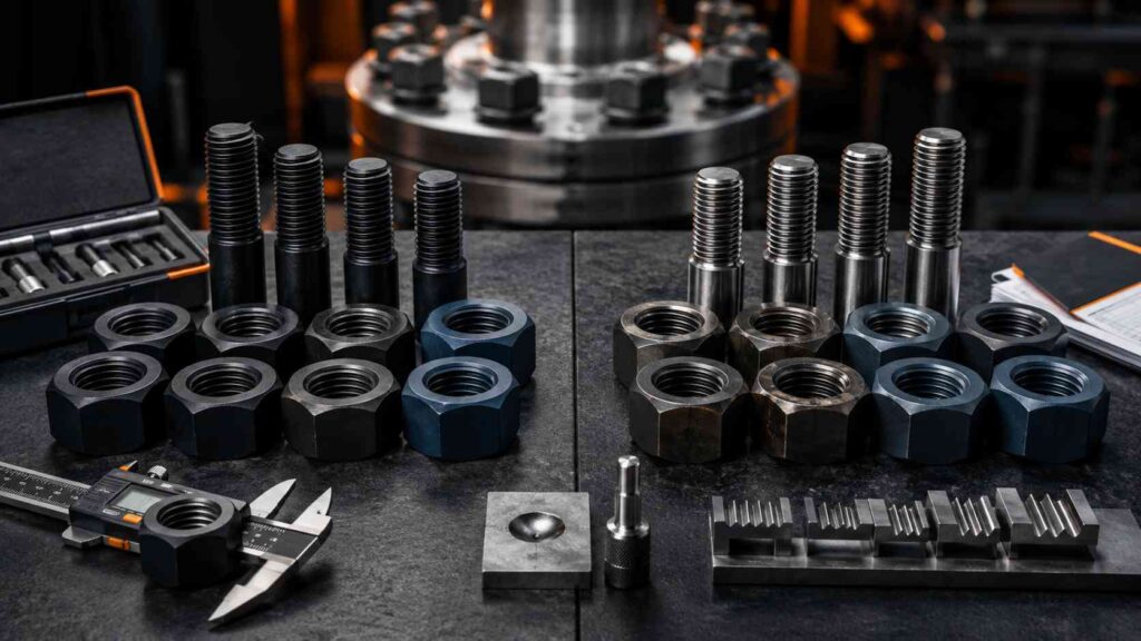 مقایسه مهره Heavy Hex گرید ASTM A194 2H و 2HM همراه استادبولت B7 و B7M Caption: انتخاب مهره 2H یا 2HM باید بر اساس گرید استادبولت، رزوه، سختی، پوشش و مشخصات فنی پروژه انجام شود